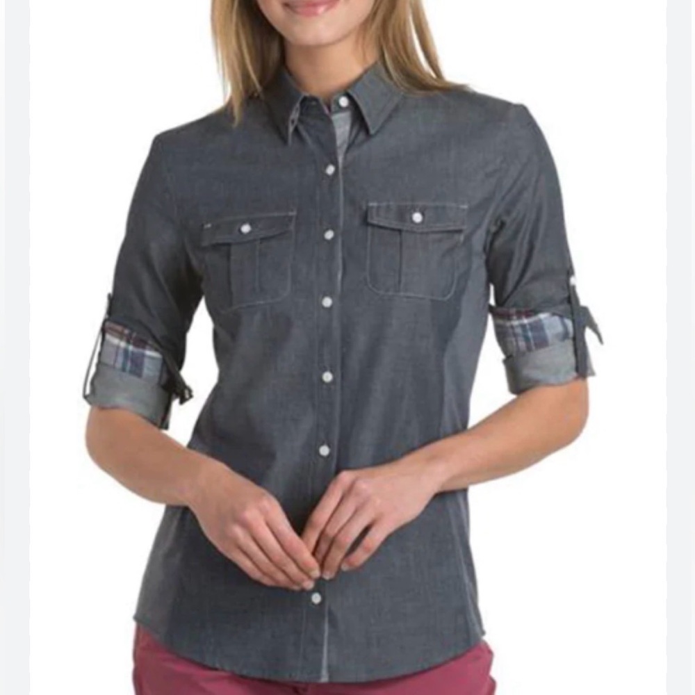 KÜHL Kiley Long Sleeve shirt in a blue grey color with contrast plaid detailing